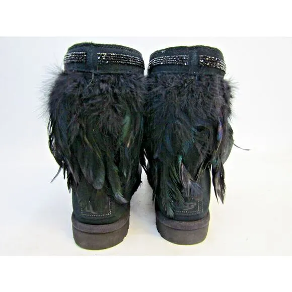 UGG Womens Size 9 M Black Suede Peacock Sheep Fur Lined Boots 1015562