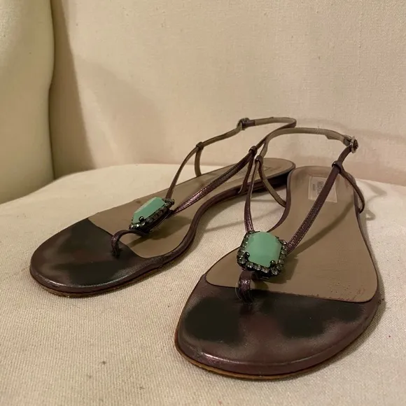Valentino Garavani bronze/gold and green jeweled sandals