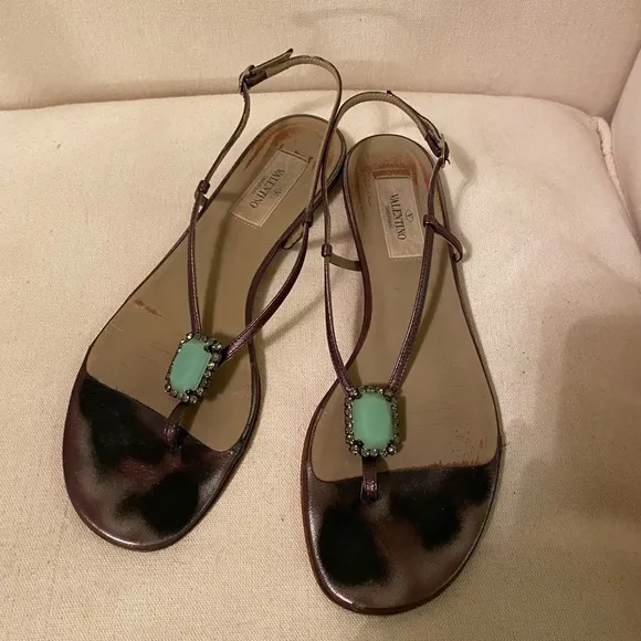 Valentino Garavani bronze/gold and green jeweled sandals