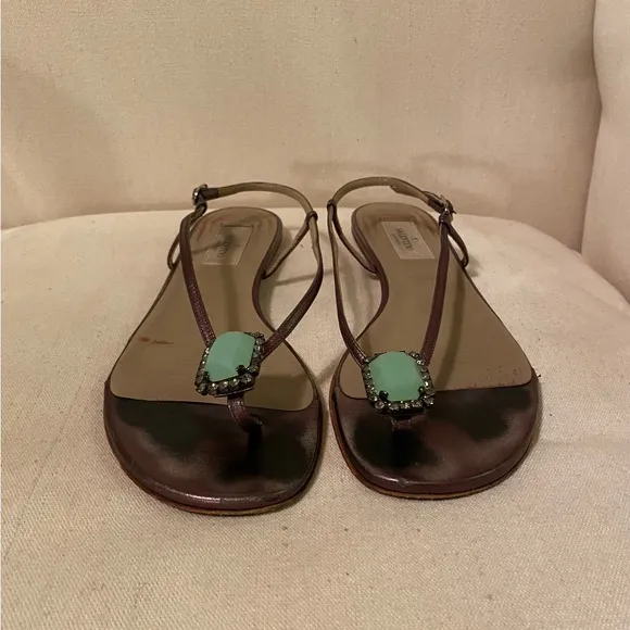 Valentino Garavani bronze/gold and green jeweled sandals