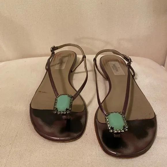 Valentino Garavani bronze/gold and green jeweled sandals