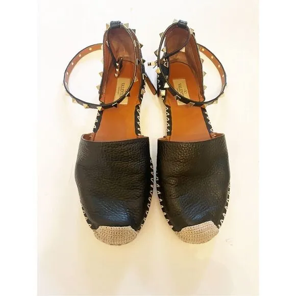 Valentino Garavani Rockstud Double Grainy Calfskin Espadrille Black 39
