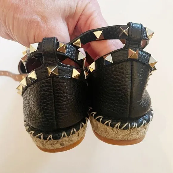 Valentino Garavani Rockstud Double Grainy Calfskin Espadrille Black 39
