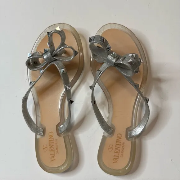 Valentino Rockstud Bow Jelly Flat Thong Sandals  Size 37