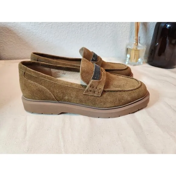 VANELi Tan Suede Loafers Size 6M Rhinestone Strap Slip-On Flat Shoes