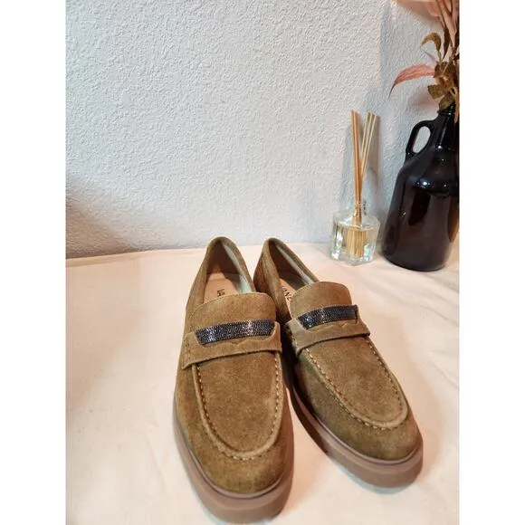 VANELi Tan Suede Loafers Size 6M Rhinestone Strap Slip-On Flat Shoes