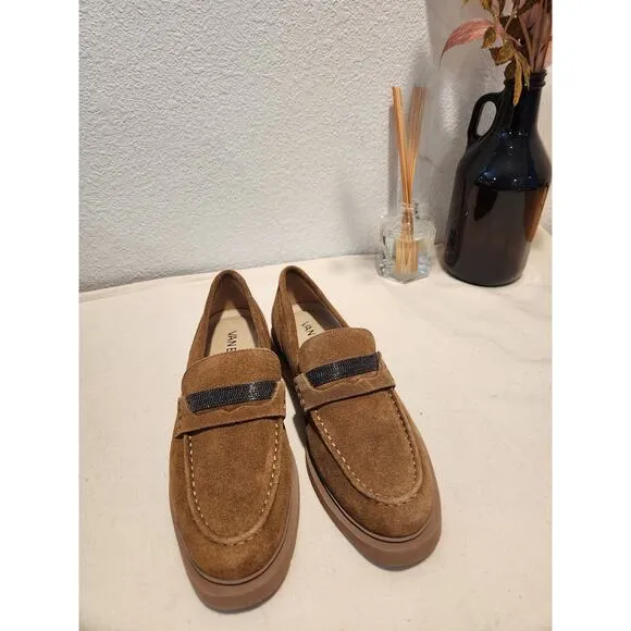 VANELi Tan Suede Loafers Size 6M Rhinestone Strap Slip-On Flat Shoes