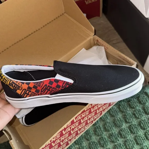 Vans Black Slip-On Shoes with Multicolor Pattern
