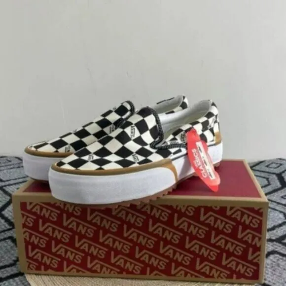 Vans Classic Slip On Shoes Black White Checkerboard Womens