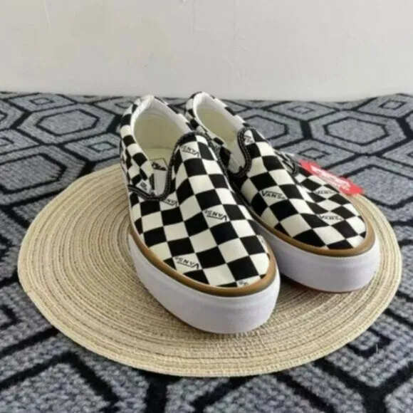 Vans Classic Slip On Shoes Black White Checkerboard Womens
