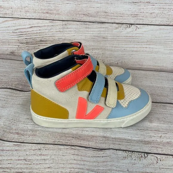 Veja V-10 Mid Kids Sz 34 (US 3) Sneakers Boys Girls White Orange Blue