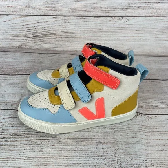 Veja V-10 Mid Kids Sz 34 (US 3) Sneakers Boys Girls White Orange Blue