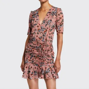 VERONICA BEARD Dakota Floral Silk Pink Mauve Multi Ruched Dress Sz 14