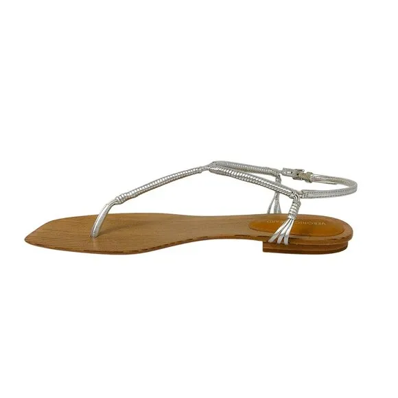 Veronica Beard Silver Amelia Ankle Strap Flat Sandals