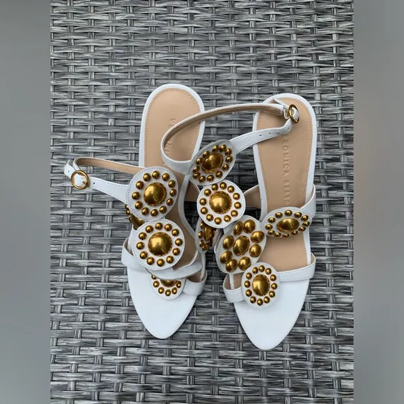 Veronica Beard Studded Leather Sandals in White, Size 8, NEW