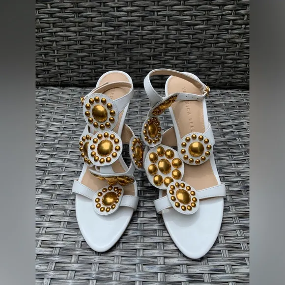 Veronica Beard Studded Leather Sandals in White, Size 8, NEW