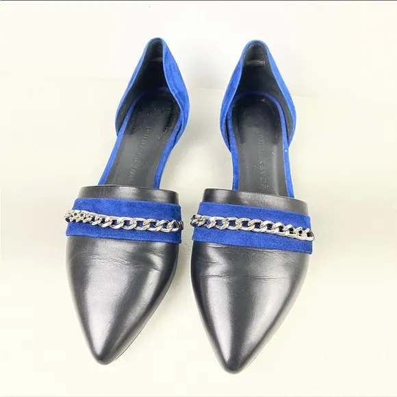 VGC Jenni Layne D’Orsay Flat Sz 36 Blue Suede/Black Leather/Gold Chain Accent