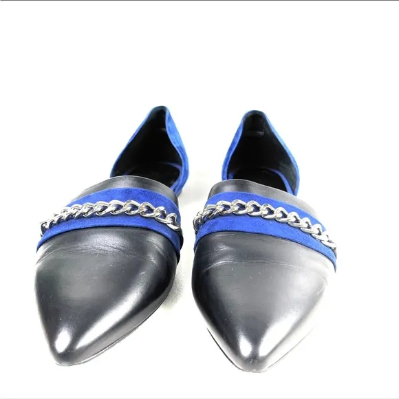 VGC Jenni Layne D’Orsay Flat Sz 36 Blue Suede/Black Leather/Gold Chain Accent