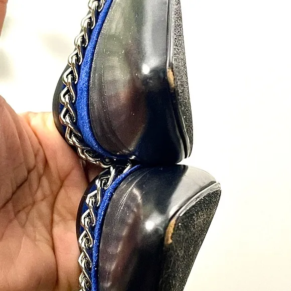 VGC Jenni Layne D’Orsay Flat Sz 36 Blue Suede/Black Leather/Gold Chain Accent