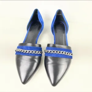 VGC Jenni Layne D’Orsay Flat Sz 36 Blue Suede/Black Leather/Gold Chain Accent