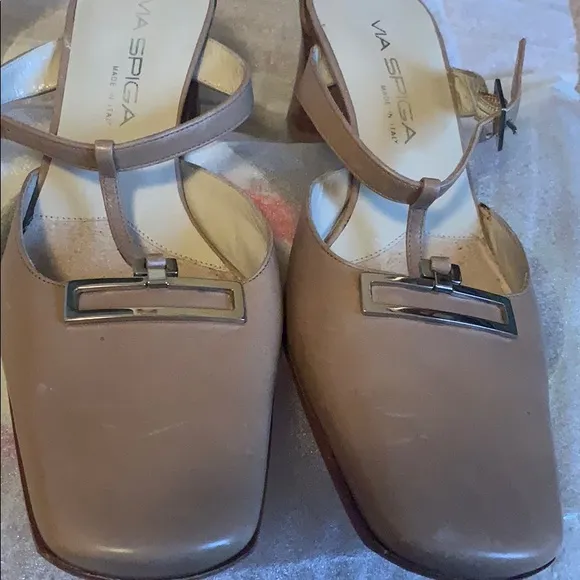 VIA SPIGA TAUPE BACKLESS HEELS  ITALIAN LEATHER SZ 6