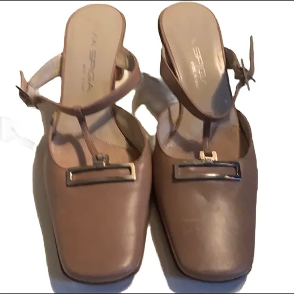 VIA SPIGA TAUPE BACKLESS HEELS  ITALIAN LEATHER SZ 6