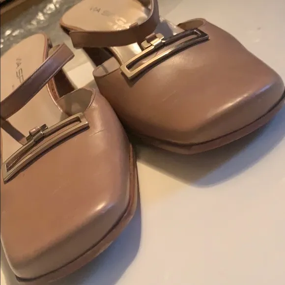 VIA SPIGA TAUPE BACKLESS HEELS  ITALIAN LEATHER SZ 6