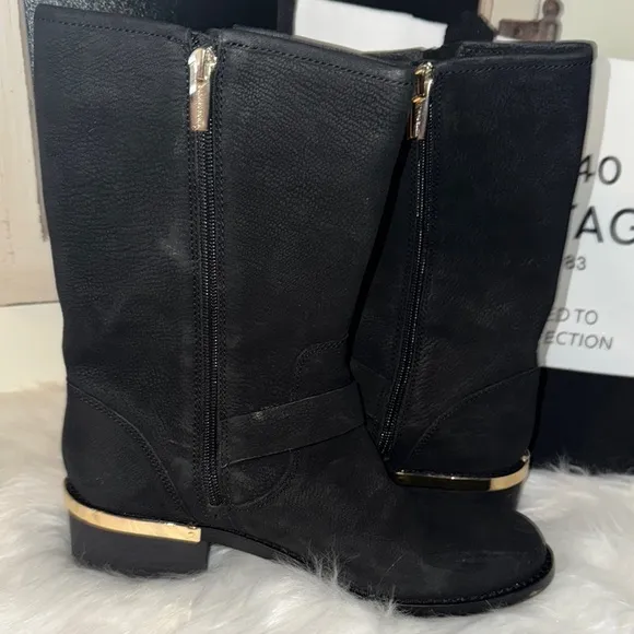 Vince Camuto Black Combat Boots with Gold Buckles