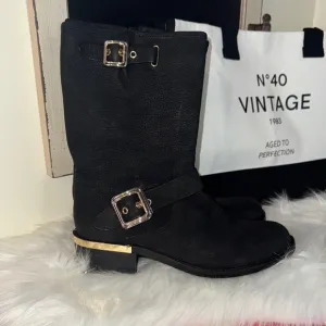 Vince Camuto Black Combat Boots with Gold Buckles