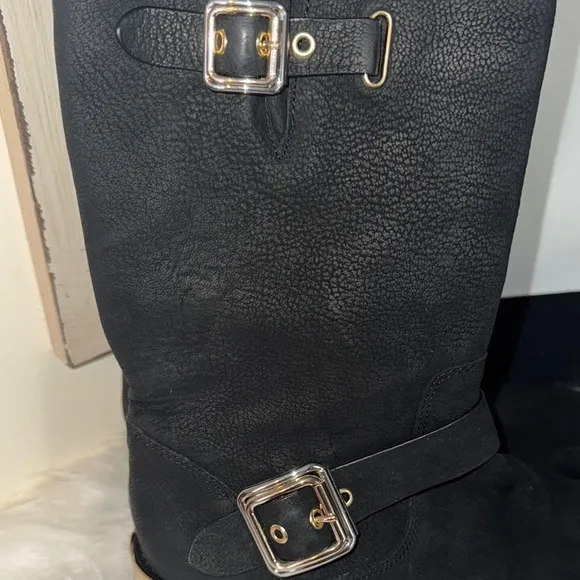 Vince Camuto Black Combat Boots with Gold Buckles