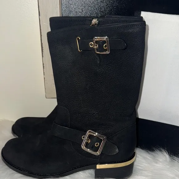 Vince Camuto Black Combat Boots with Gold Buckles