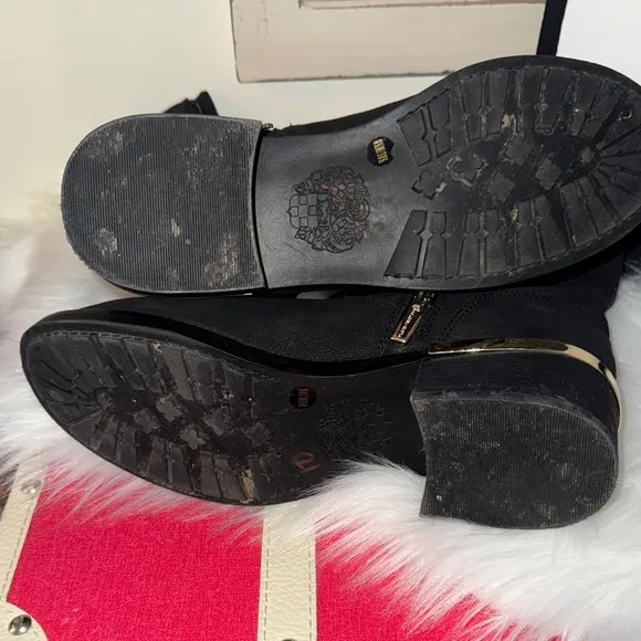 Vince Camuto Black Combat Boots with Gold Buckles