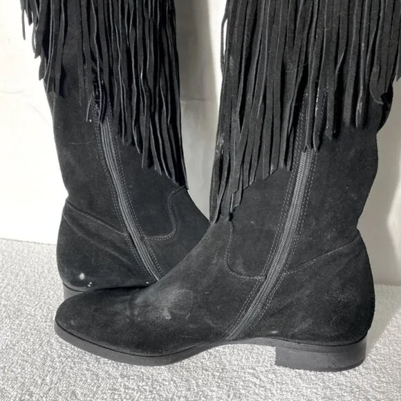 Vince Camuto Black Suede Thigh High Over The Knee Flat Boots With Fringe 38