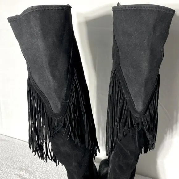 Vince Camuto Black Suede Thigh High Over The Knee Flat Boots With Fringe 38