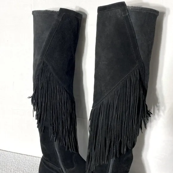 Vince Camuto Black Suede Thigh High Over The Knee Flat Boots With Fringe 38