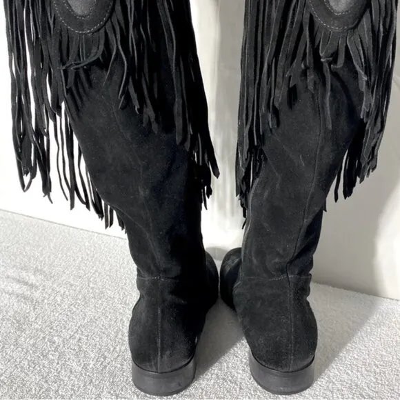 Vince Camuto Black Suede Thigh High Over The Knee Flat Boots With Fringe 38