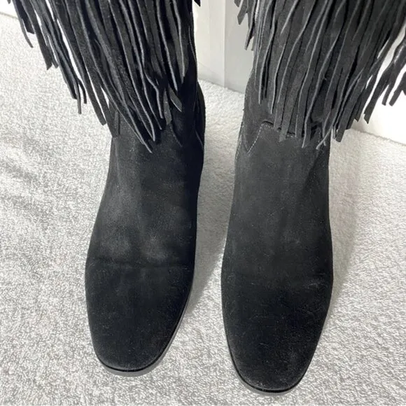 Vince Camuto Black Suede Thigh High Over The Knee Flat Boots With Fringe 38