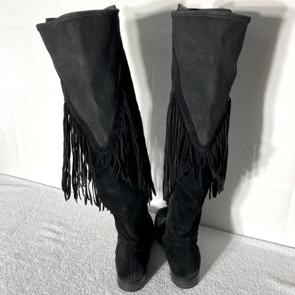 Vince Camuto Black Suede Thigh High Over The Knee Flat Boots With Fringe 38
