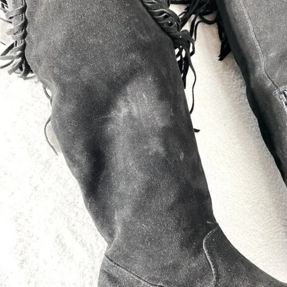 Vince Camuto Black Suede Thigh High Over The Knee Flat Boots With Fringe 38