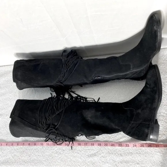 Vince Camuto Black Suede Thigh High Over The Knee Flat Boots With Fringe 38