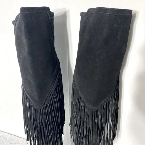 Vince Camuto Black Suede Thigh High Over The Knee Flat Boots With Fringe 38