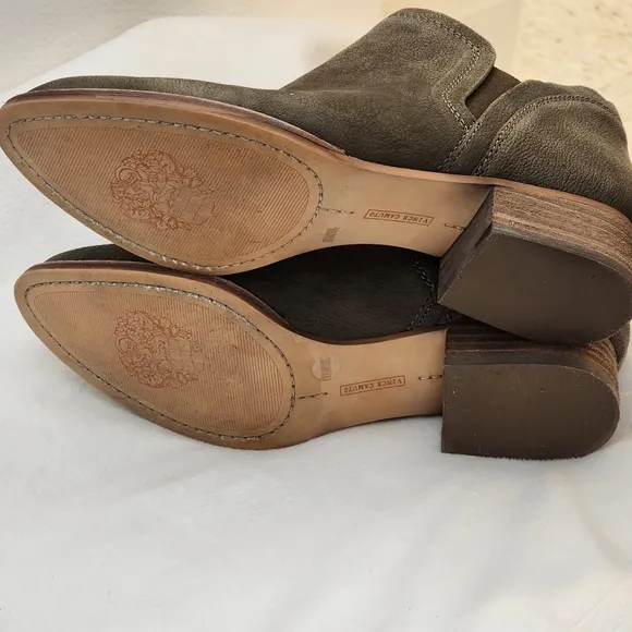 Vince Camuto Carlal Taupe Leather Booties Luxury Silk Goat Texture Ankle Boots