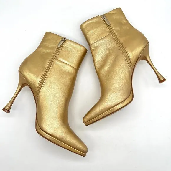 VINCE CAMUTO Pitonnda Gold Leather Boots Womens 8 Metallic Heeled Pointy Toe