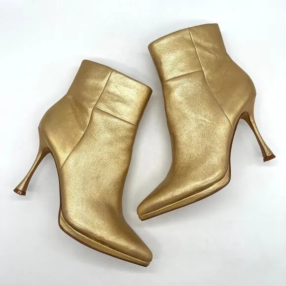 VINCE CAMUTO Pitonnda Gold Leather Boots Womens 8 Metallic Heeled Pointy Toe
