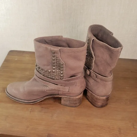 Vince Camuto Taupe suede studded ankle boots with buckle detail, size 7​