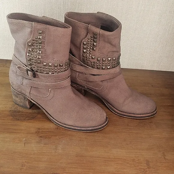 Vince Camuto Taupe suede studded ankle boots with buckle detail, size 7​