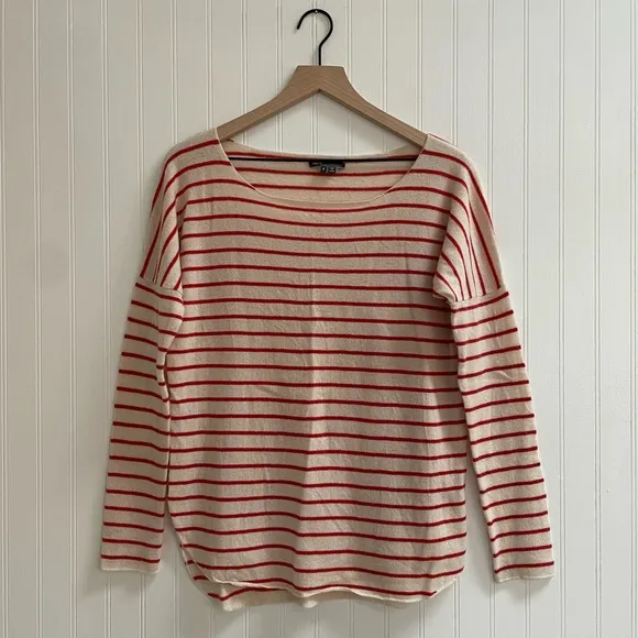 VINCE Cashmere Boat Neck Striped Tunic Length Sweater Coastal Size S *Flaw