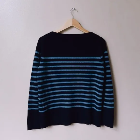 Vince Ribbed Striped Cashmere Boat Neck Sweater Black and Blue Size M