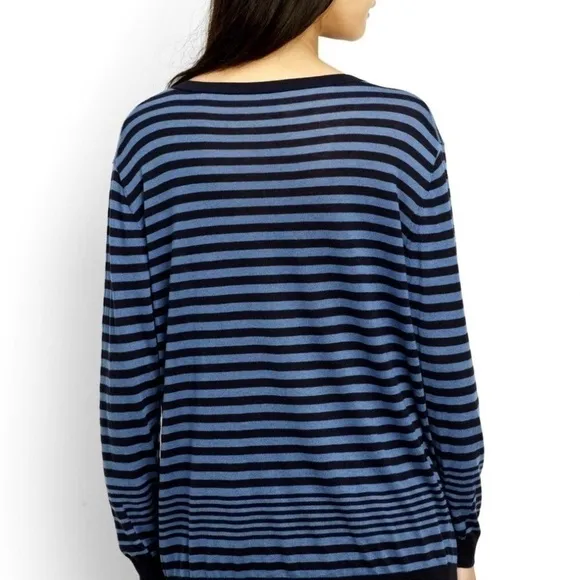 Vince Ribbed Striped Cashmere Boat Neck Sweater Black and Blue Size M