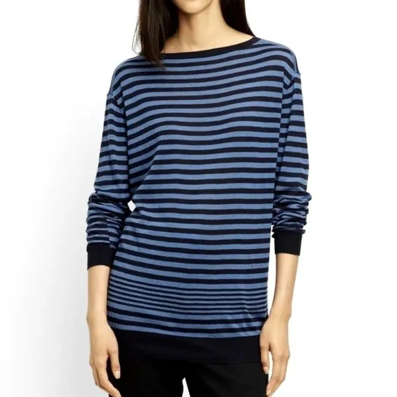Vince Ribbed Striped Cashmere Boat Neck Sweater Black and Blue Size M